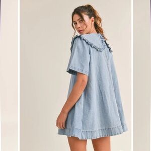 Denim Dress with Ruffled Collar